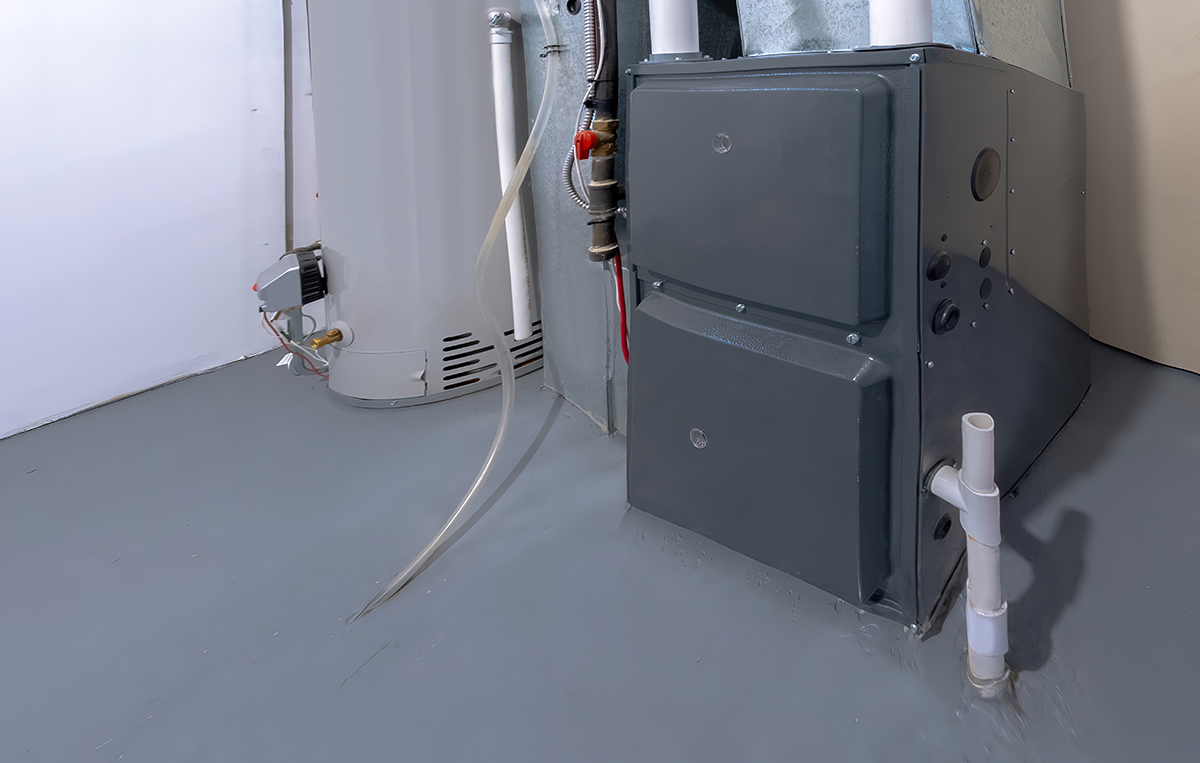 Residential furnace installed in a utility room with visible condensate drain piping and nearby water heater. Best for blogs about furnace installation, home heating systems, basement furnace setup, gas furnace basics, heating replacement, and furnace maintenance,