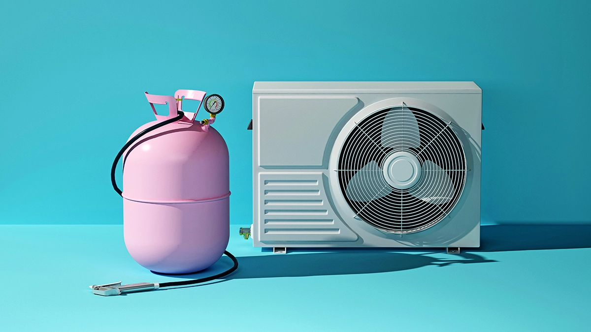 Air conditioning condenser unit displayed beside a refrigerant cylinder and gauge hose against a blue background. Best for blogs about AC refrigerant, refrigerant recharge, refrigerant replacement, AC service and refrigerant handling, cooling system maintenance, and refrigerant types in air conditioners.